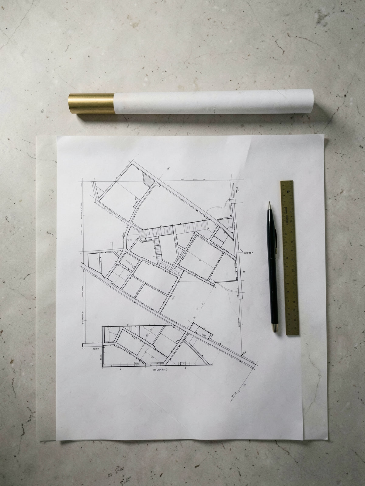 An architectural site plan on a limestone table in daylight, a rolled drawing set above it and a brass drafting scale and pen alongside.