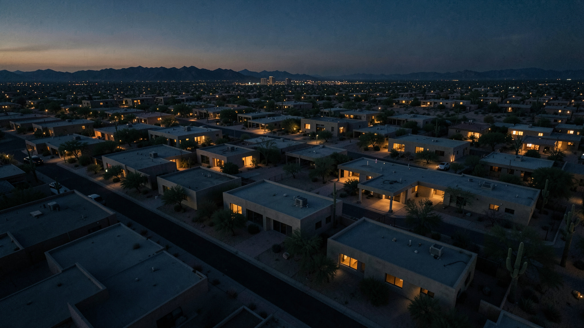 A desert-modern neighbourhood on the edge of Phoenix at blue hour, warm light in scattered windows, the city and mountains beyond.