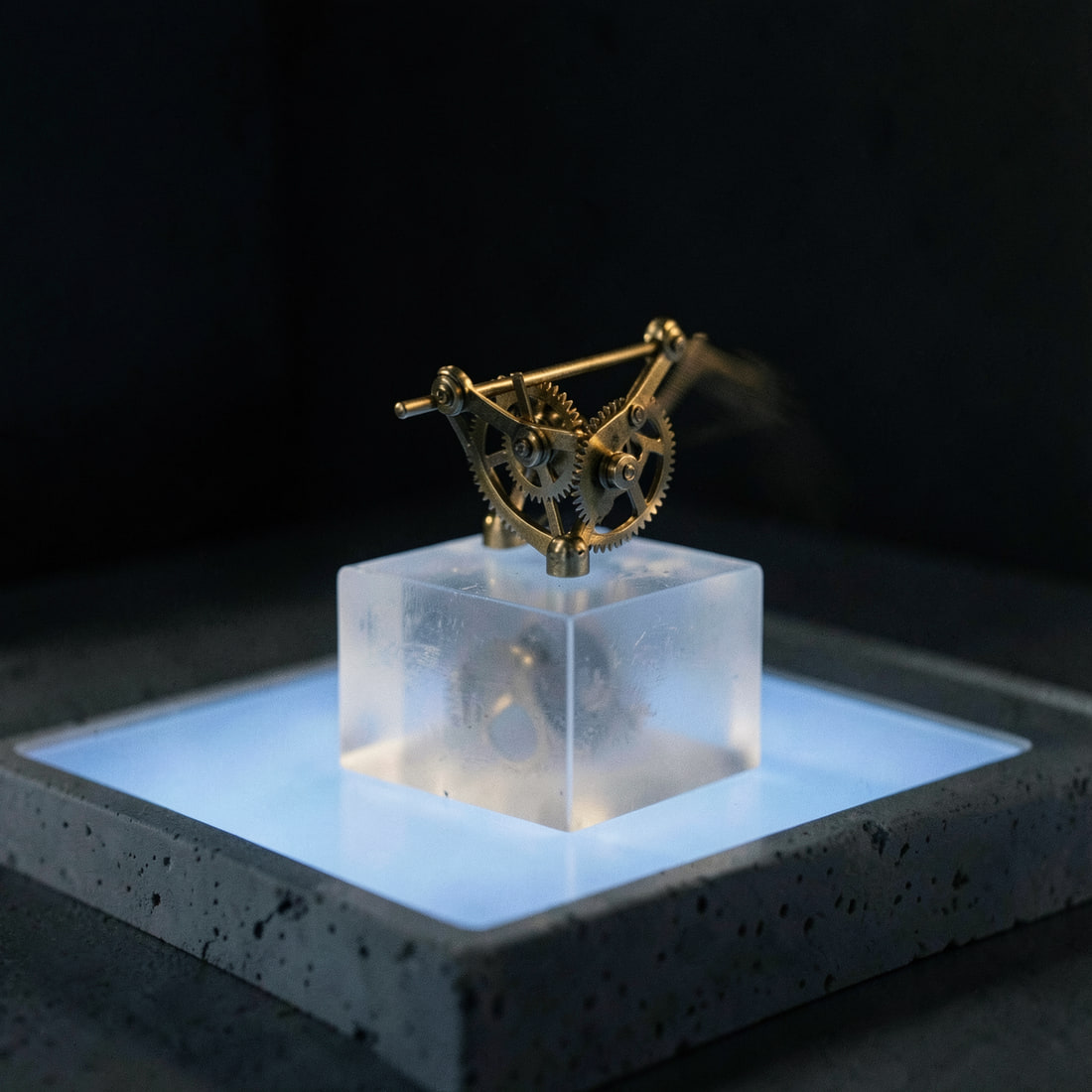 A small brass mechanism balanced on a frosted block on a light table.