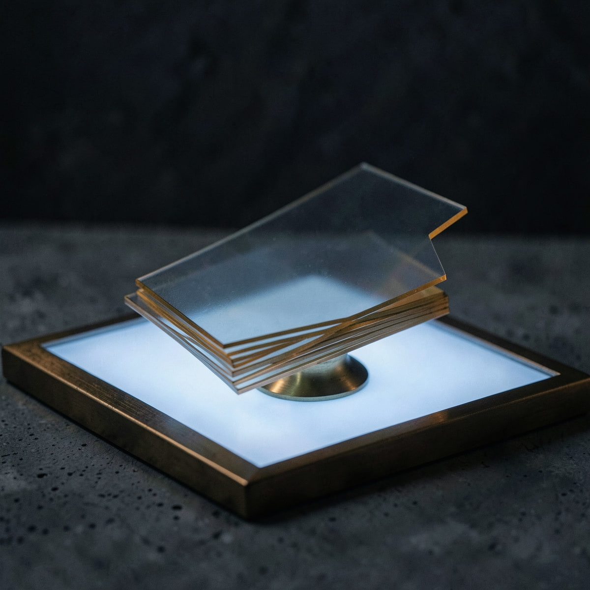 A fanned stack of thin translucent cards with brass edges on a glowing light table, one card lifted above the rest on a small brass stand.