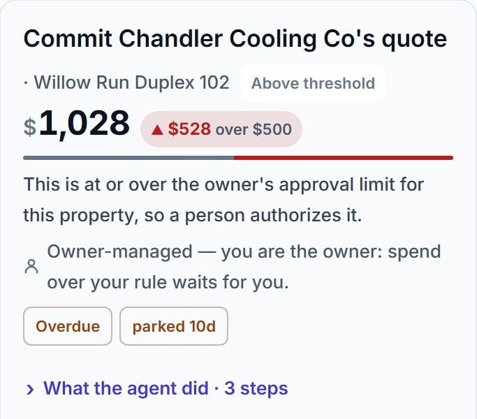 Decision card: commit Chandler Cooling Co's quote, $1,028 — $528 over the owner's $500 limit, so a person authorizes it.